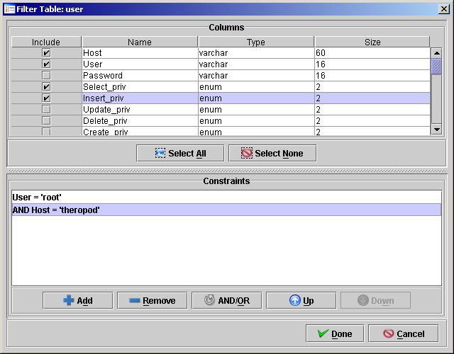 Filter Table Screen